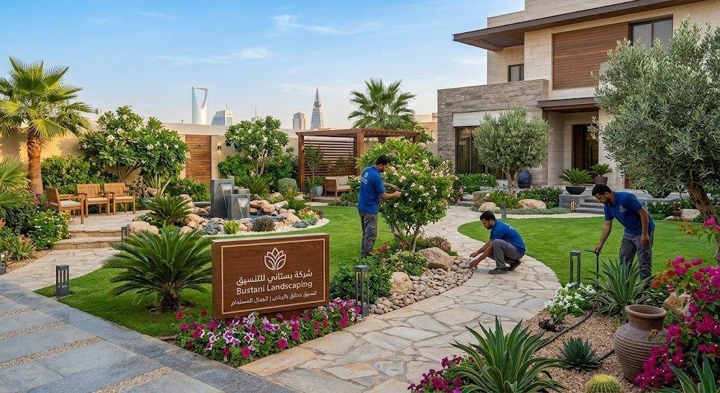 تنفيذ وتركيب عشب صناعي وتيل جداري فاخر في حدائق فلل الرياض بواسطة مهندسي شركة بستاني